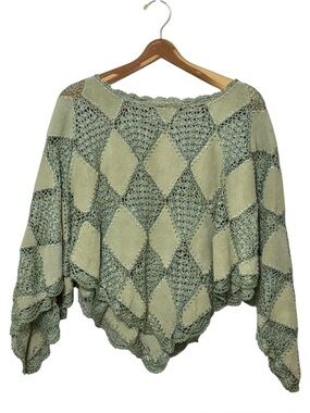 Vintage Bagatelle Crochet Patchwork Suede Leather Poncho Green Womens Size Small